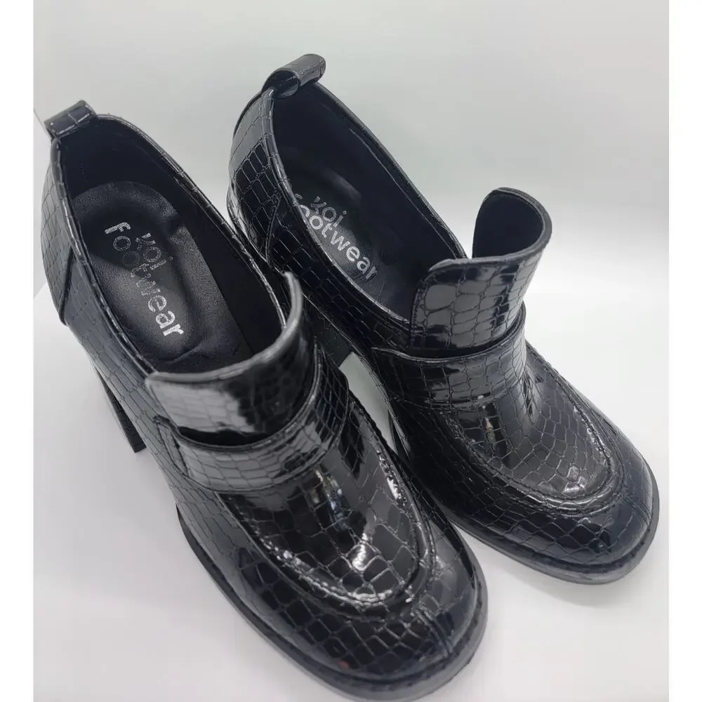 Koi Footwear Black Vegan Chunky Heel Slip-On Shoes UK 4 Snake Print Square Toe🖤